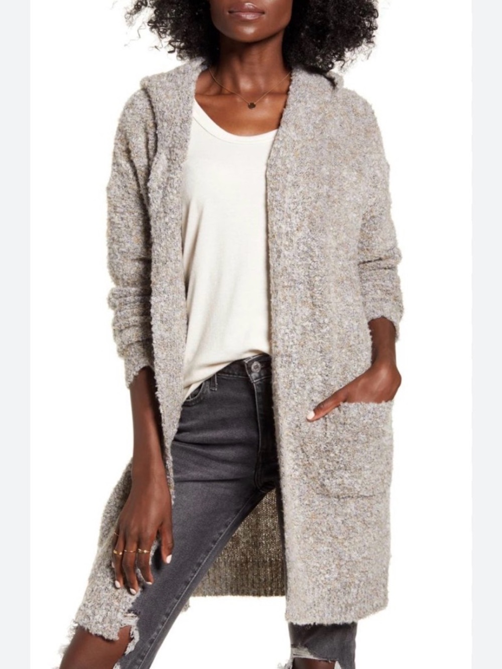 Dreamers by Debut Open-Front Hooded Cardigan Sweater - Taupe Heather